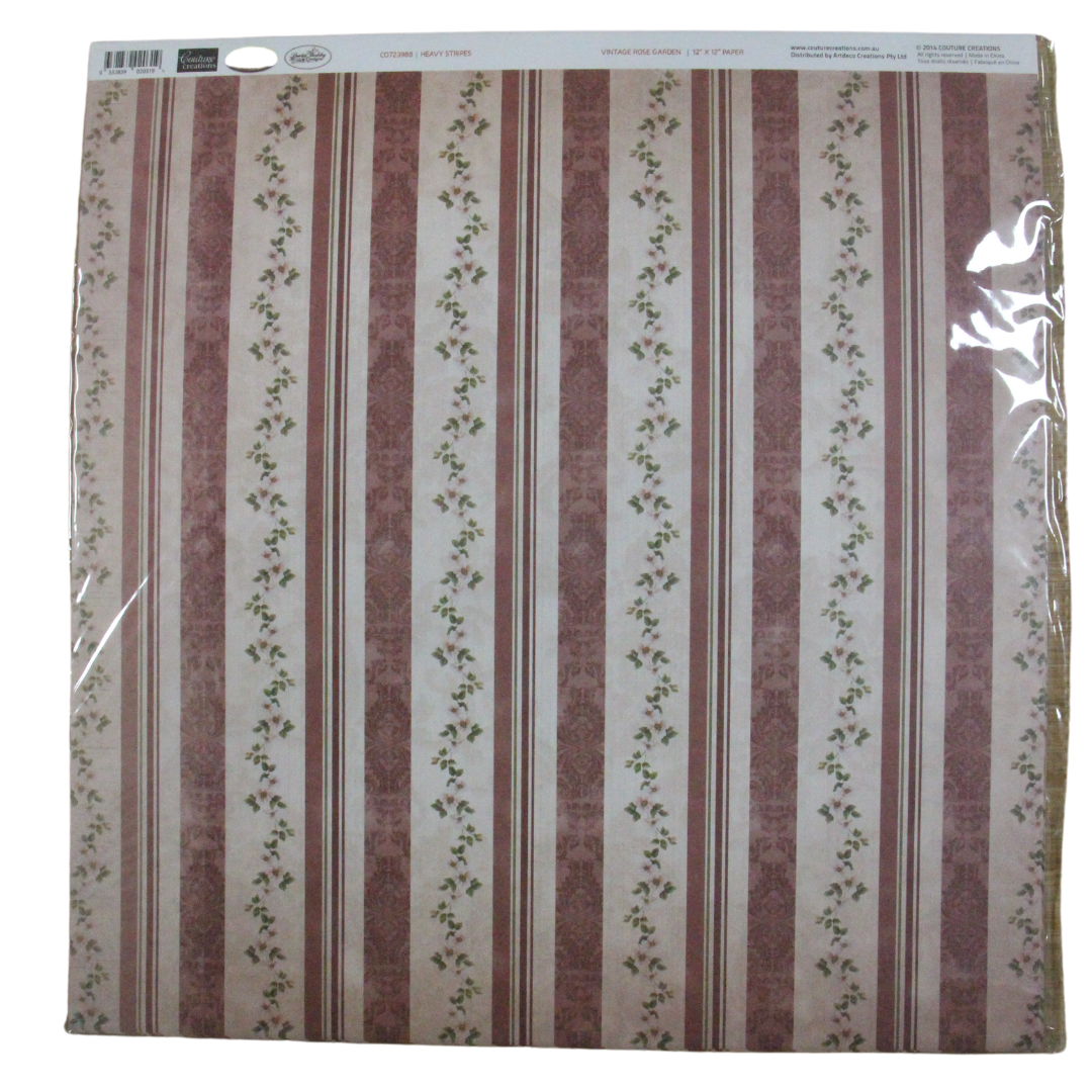 Couture Creations - 12 x 12 Paper (5 sheets) - Vintage Rose Garden Heavy Stripes