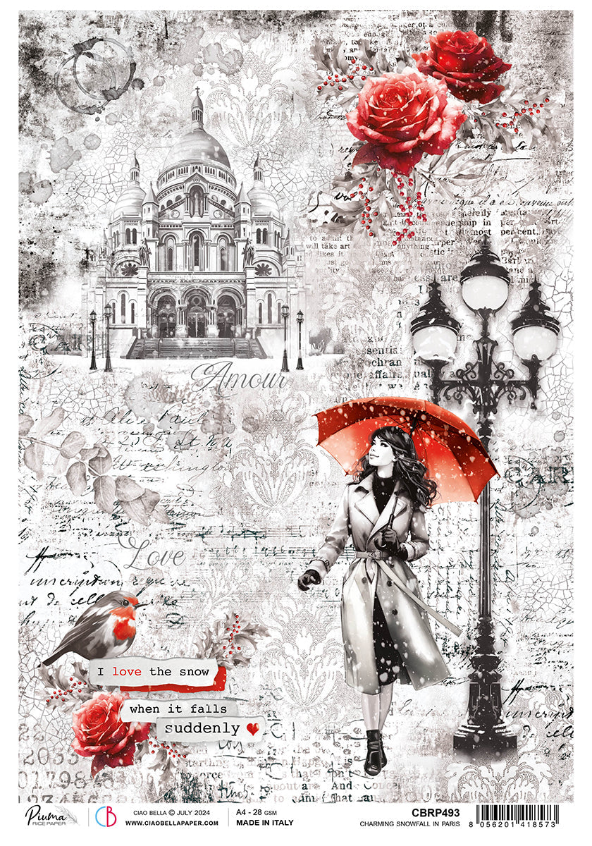 Rice Paper A4 Charming Snowfall in Paris - 5 Sheets