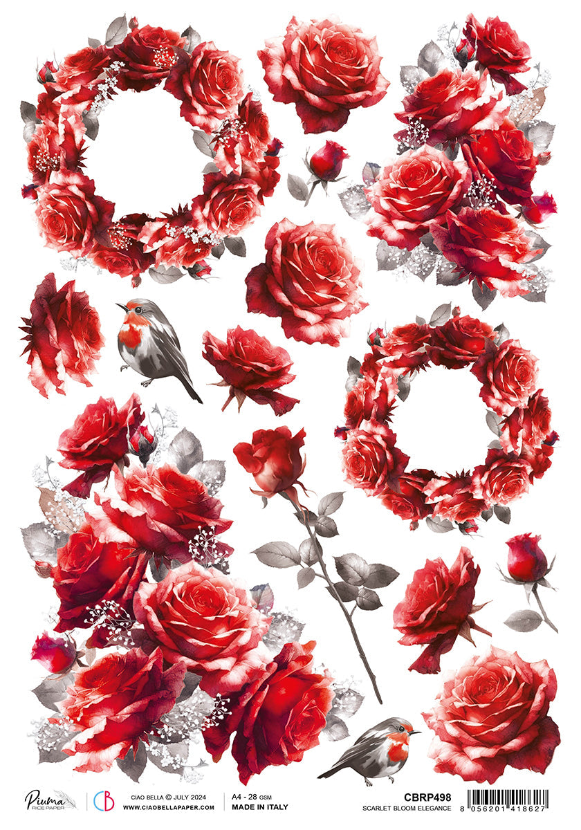 Rice Paper A4 Scarlet Bloom Elegance - 5 Sheets