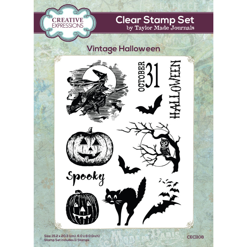 Creative Expressions Taylor Made Journals Vintage Halloween 6 in x 8 in Clear Stamp Set