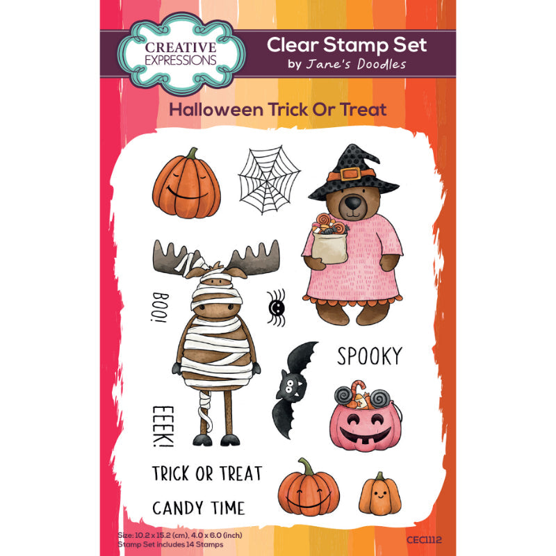 Creative Expressions Jane's Doodles Halloween Trick Or Treat 4 in x 6 in Clear Stamp Set