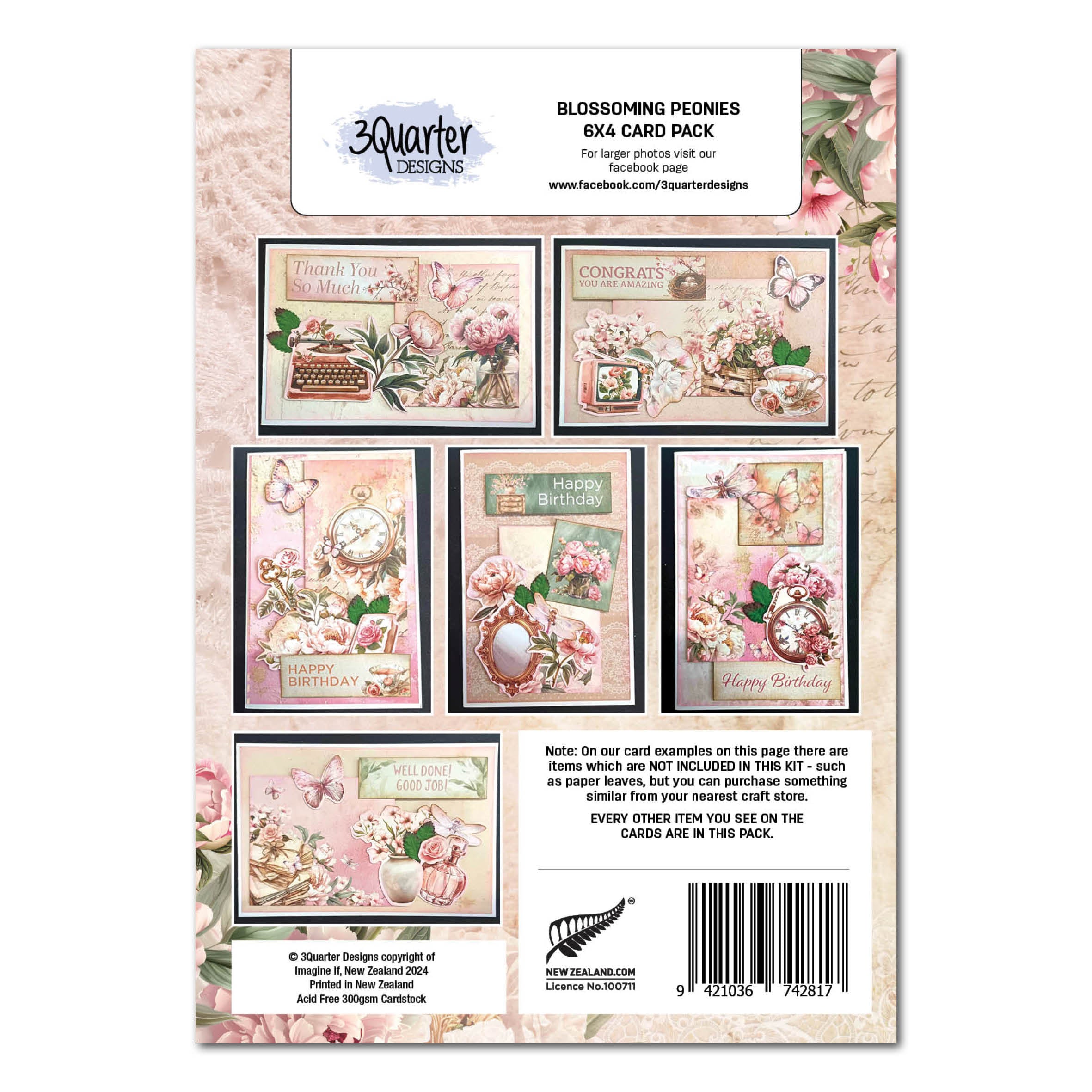 3Quarter Designs Blossoming Peonies 6x4 Card Pack