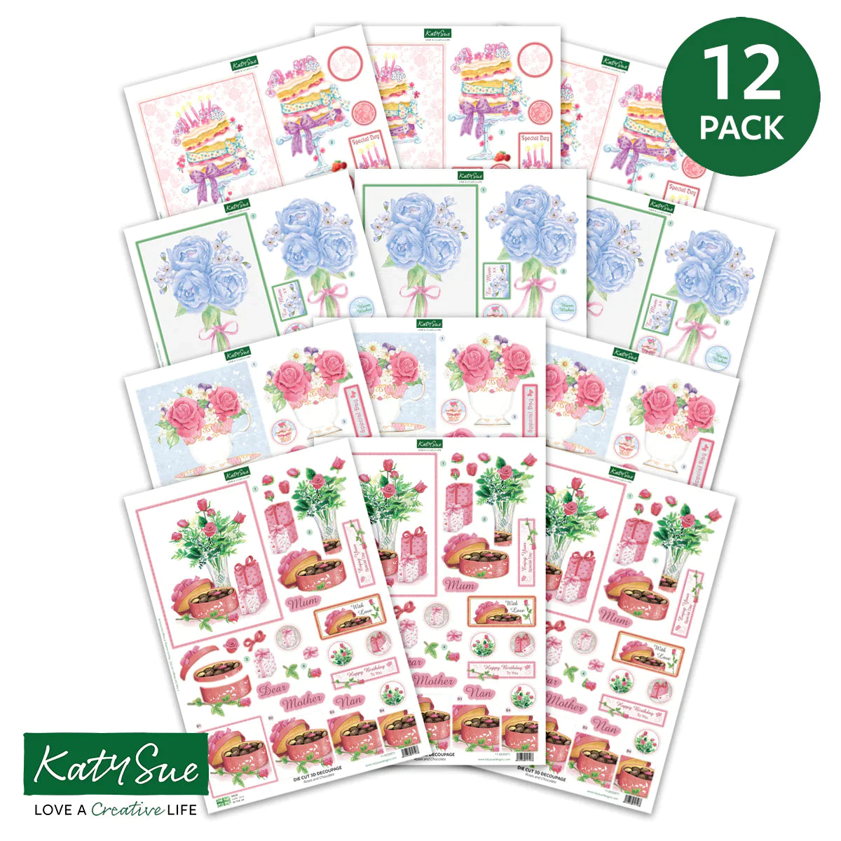 Die Cut Decoupage - Birthday Cake and Flowers (Pack Of 12)