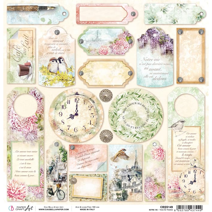 Ciao Bella Notre Vie Tags & Frames Paper Sheet 12"X12" 1 Sheet