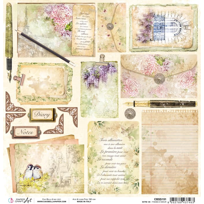 Ciao Bella Poemes D’Amour Paper Sheet 12"X12" 1 Sheet