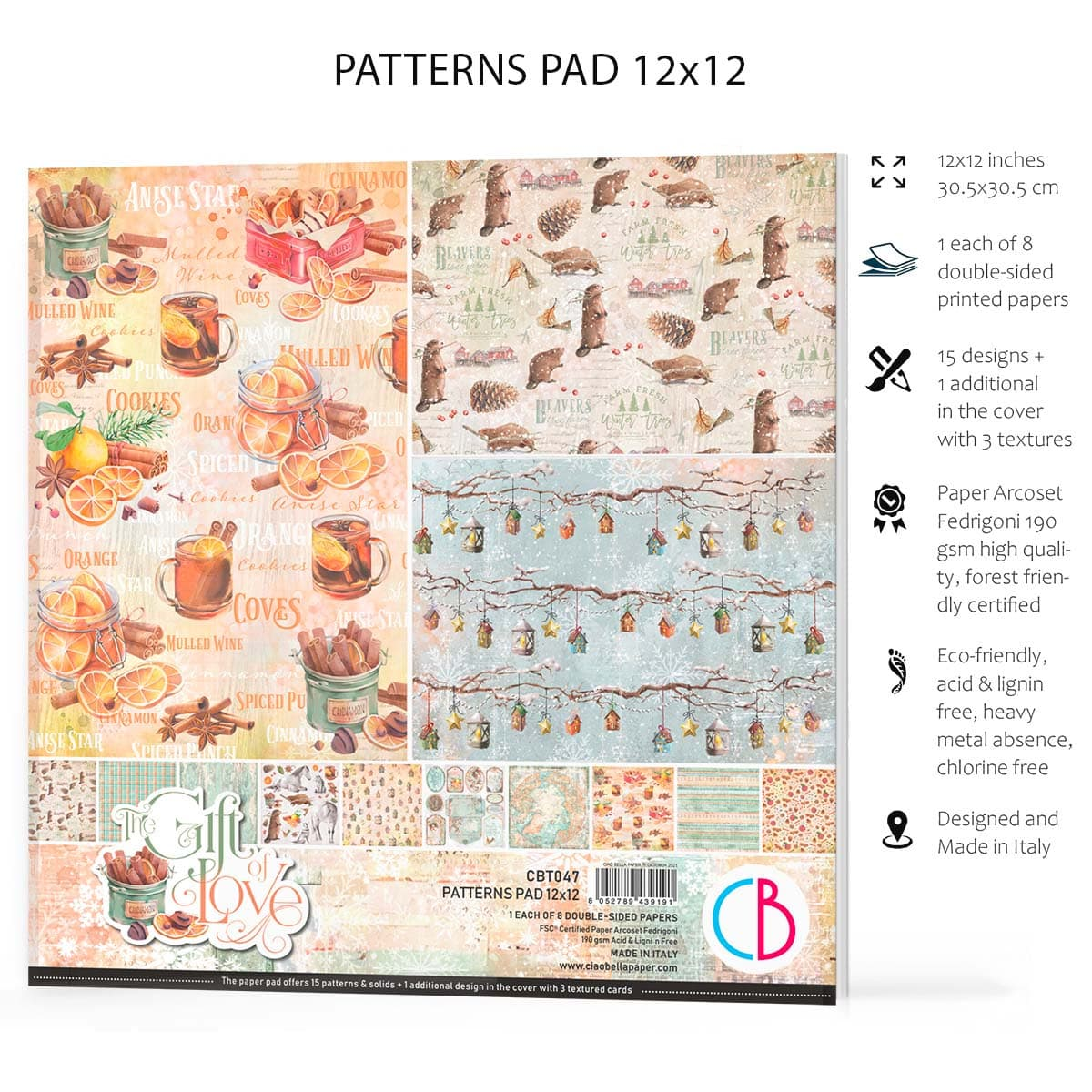 Ciao Bella The Gift of Love Patterns Pad 12"x12" 8/Pkg