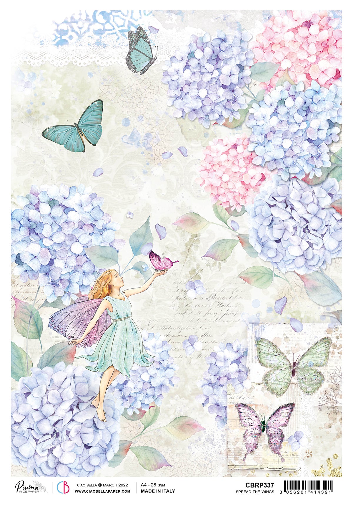 Ciao Bella Rice Paper A4 Piuma Spread The Wings - 5 Sheets