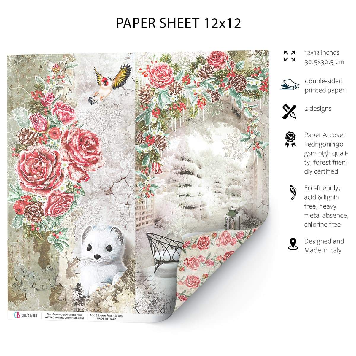 Ciao Bella Frozen Roses Paper Sheet 12"x12" 1 Sheet