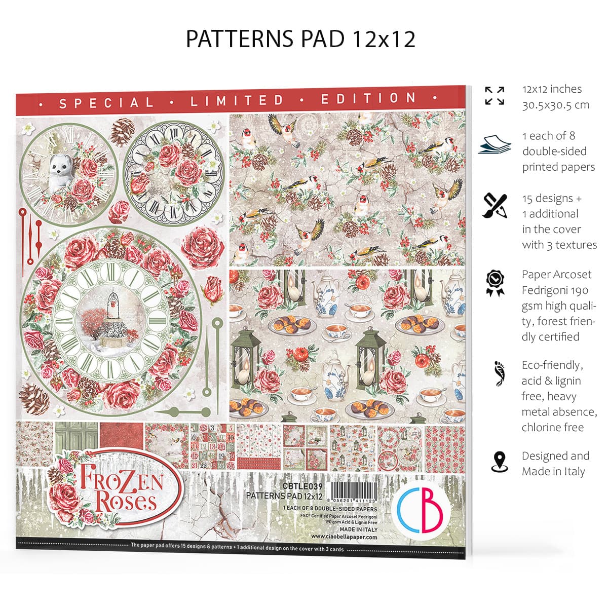 Ciao Bella Frozen Roses Limited Edition Patterns Pad 12x12 8/Pkg