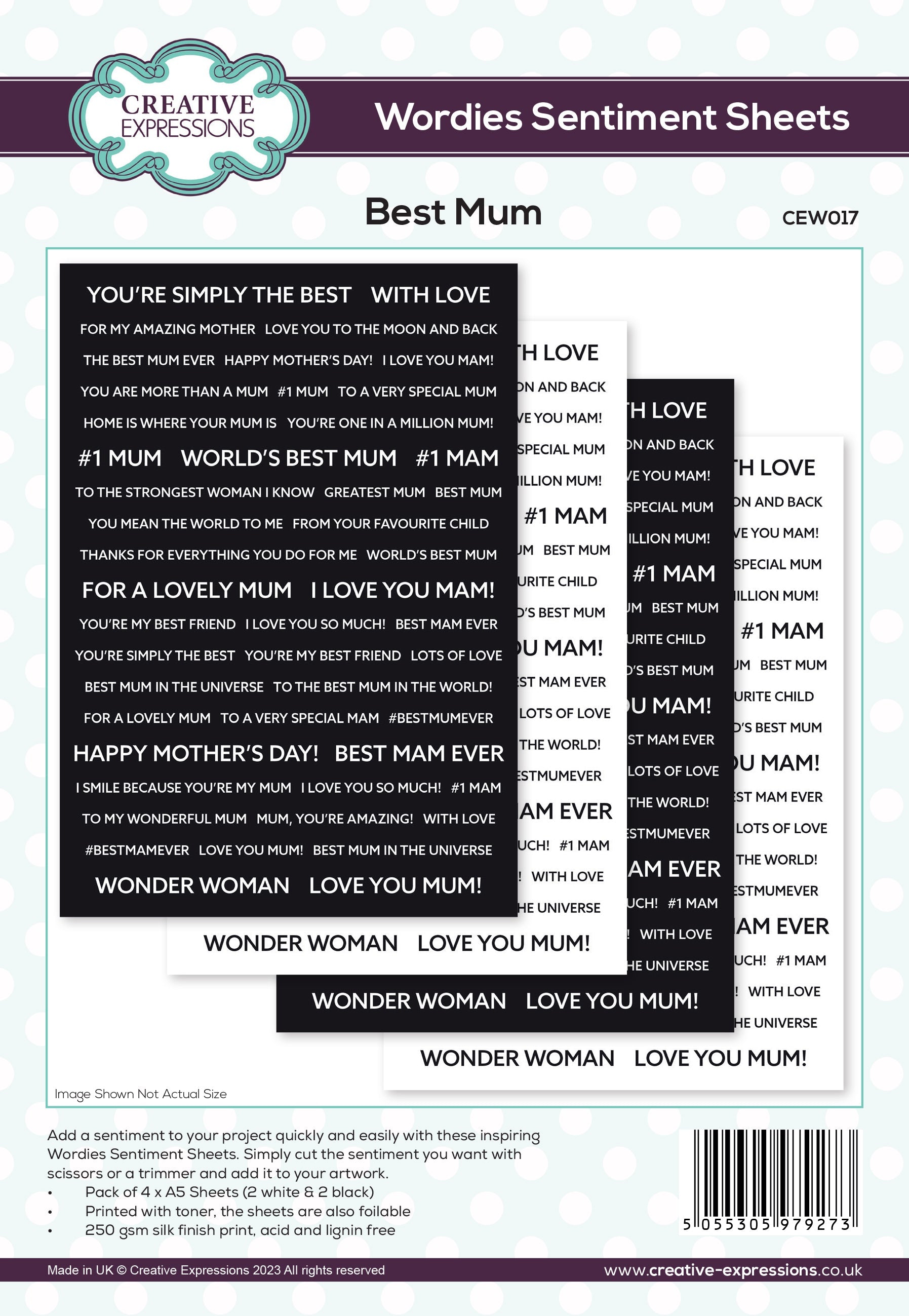 Creative Expressions Wordies Sentiment Sheets - Best Mum Pk 4 6 in x 8 in