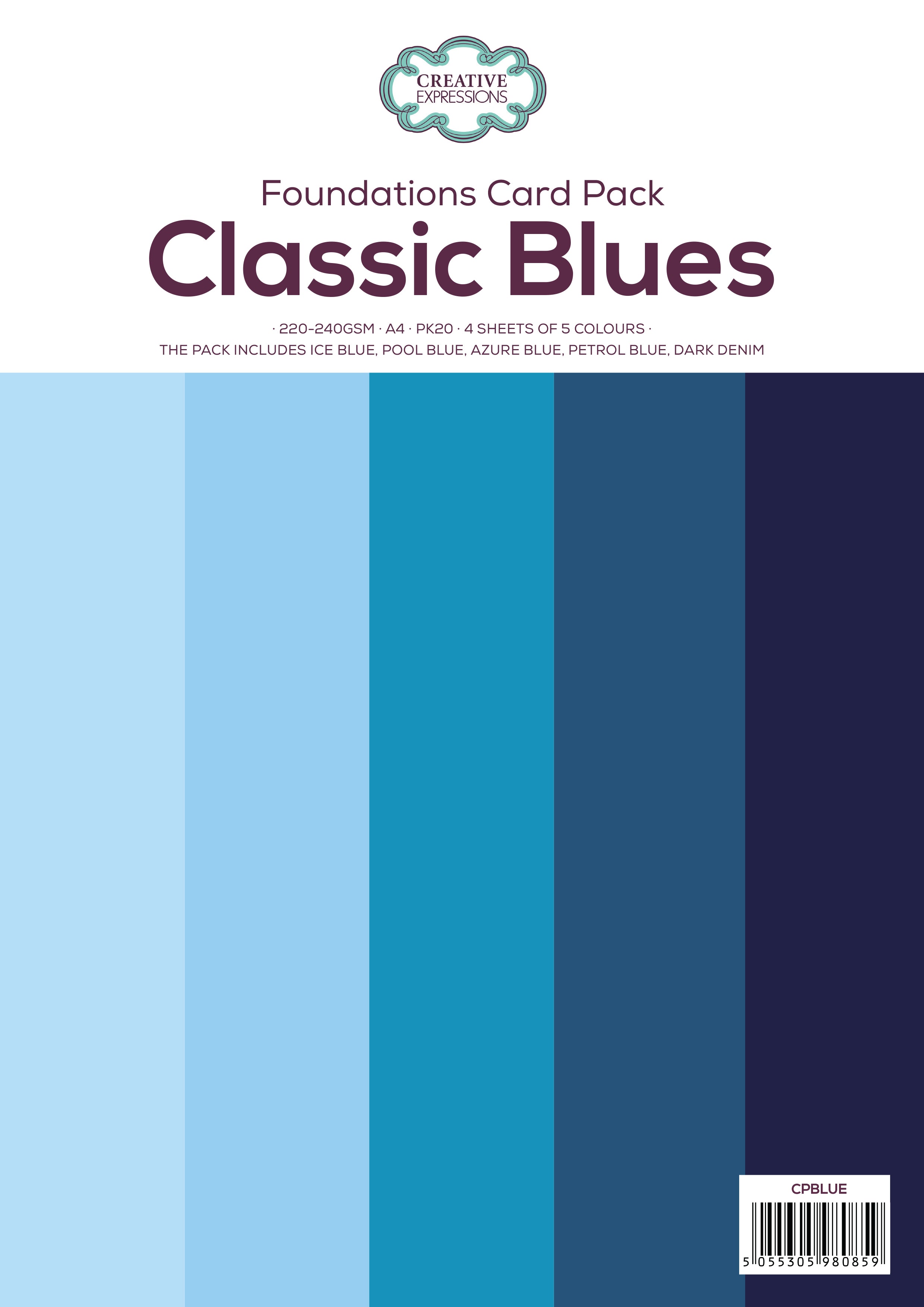 Creative Expressions Classic Blues Paper Pack 220-240gsm A4 Pk20 4 Sheets Of 5 Colours