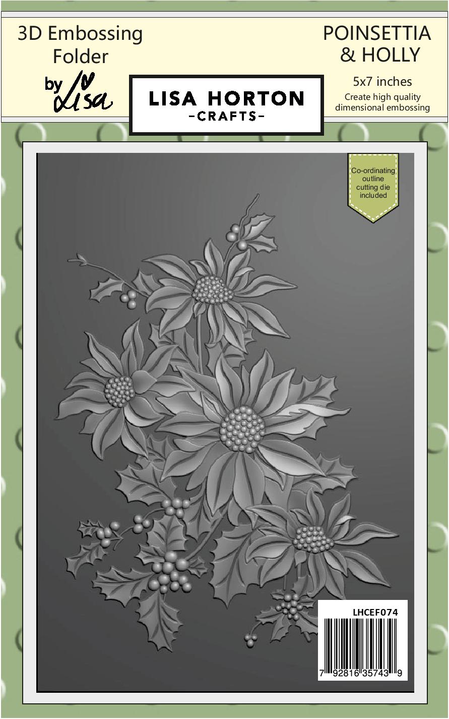 Lisa Horton 3D Embossing Folder 5x7 With Cutting Die - Poinsettia & Holly