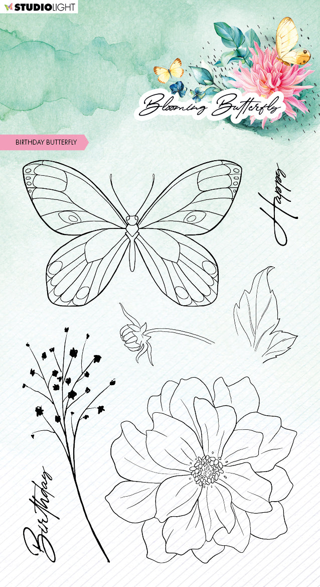 SL Clear Stamp Birthday Butterfly Blooming Butterfly 93x136x3mm 7 PC nr.360