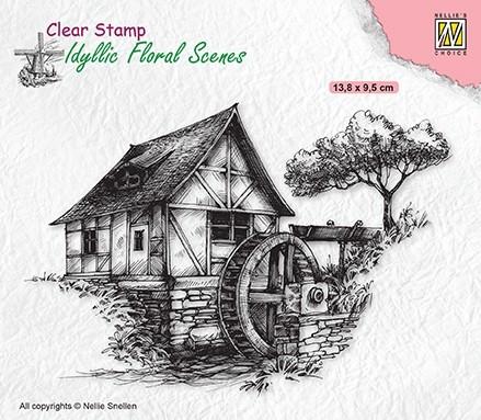 Idyllic Floral Scene Stamp Water-Mill
